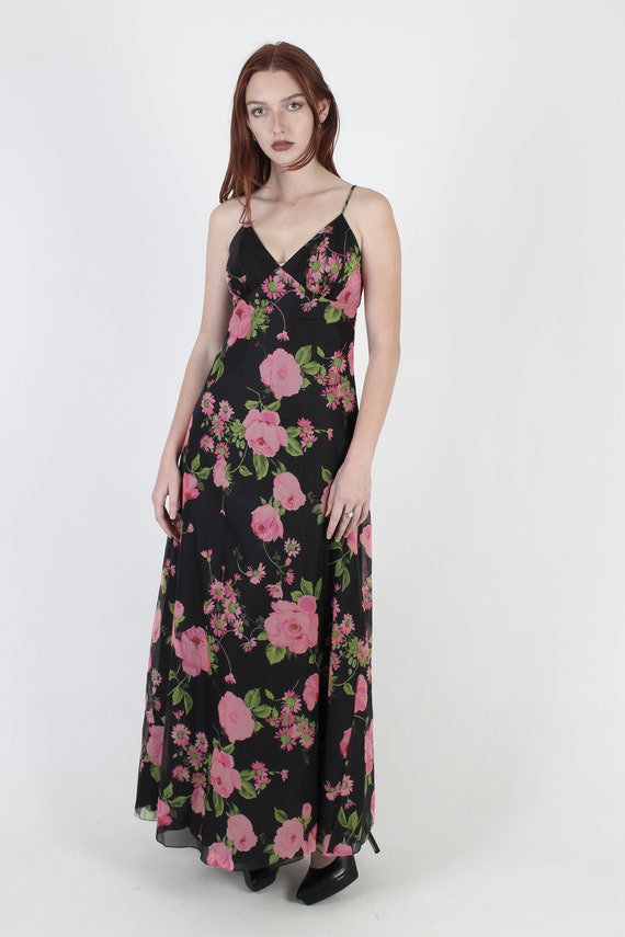 Pink Rose Chiffon Dress / Sexy 70s Low Cut Evenin… - image 2