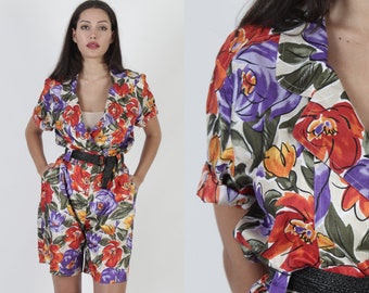 Tropical One Piece Romper With Pockets / Vintage 80's Colorful Deep V Mini Playsuit