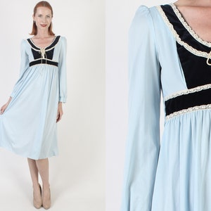 Navy Velvet Corset Dress Vintage 70s Plain Blue Bohemian Midi Waist Sash Medieval Times Festival Outfit image 1