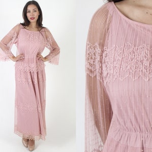 70s Cotton Candy Pink Lace Dress / Sheer Floral Scallop Hem / Elegant Plain Bell Sleeve Romantic Gown / Wedding Bridesmaid MOTB Maxi image 1