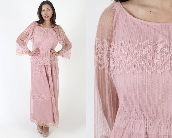 70s Cotton Candy Pink Lace Dress Sheer Floral Scallop Hem
