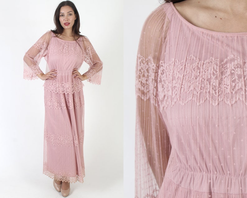 70s Cotton Candy Pink Lace Dress / Sheer Floral Scallop Hem / Elegant Plain Bell Sleeve Romantic Gown / Wedding Bridesmaid MOTB Maxi image 1