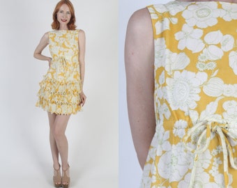 Mod Micro Mini Dress Vintage 60s Ruffle Skirt Mid Century Modern Sundress MCM Style Sleeveless Summer Sun Dress