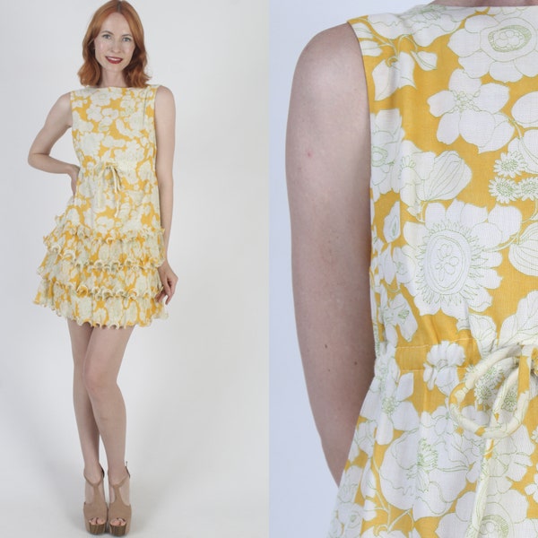 Mod Micro Mini Dress Vintage 60s Ruffle Skirt Mid Century Modern Sundress MCM Style Sleeveless Summer Sun Dress