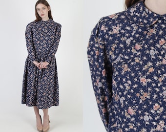 Old Fashion  Calico Floral Dress Scallop Collar Full Skirt Navy Cotton Midi Western Prairie Dress Large