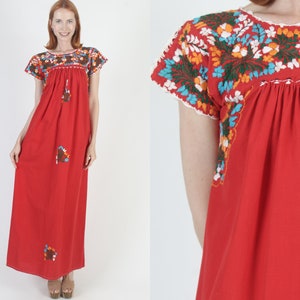 Red Oaxacan Dress, Hand Rainbow Embroidered, Ethnic Mexican Cover Up