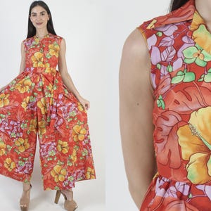 Vintage 60s Hawaiian Jumpsuit: Wide Leg Palazzo Pants, Red Floral Acetate