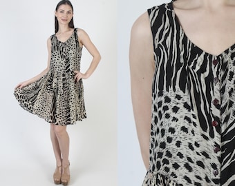 Animal Print Gauze Dress, 90s Spotted Leopard, Y2K Grunge Sundress, Button Up