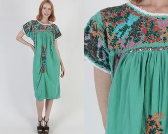Mexican Hand Embroidered Oaxacan Dress Floral Green Caftan San Antonio Cotton Festival Cover Up Sundress