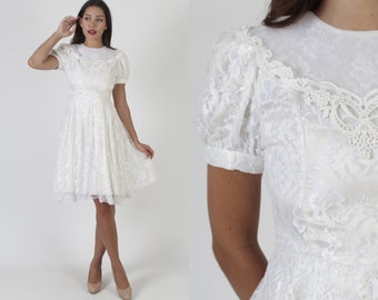 White Jessica McClintock Dress, All Over Lace 1980's Gunne Sax Dress, 80s Romantic Deco Style, Vintage Mini Frock, Tag Size 16