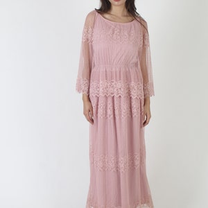 70s Cotton Candy Pink Lace Dress / Sheer Floral Scallop Hem / Elegant Plain Bell Sleeve Romantic Gown / Wedding Bridesmaid MOTB Maxi image 3