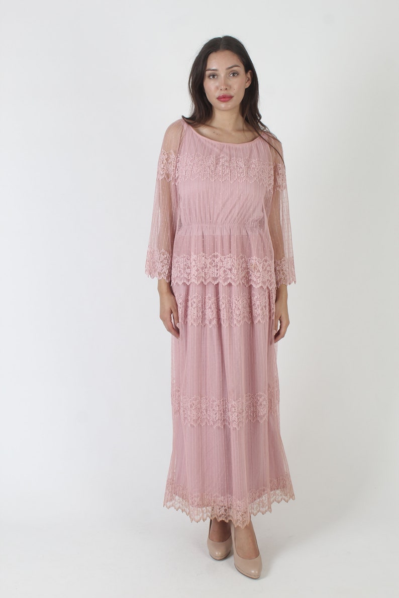 70s Cotton Candy Pink Lace Dress / Sheer Floral Scallop Hem / Elegant Plain Bell Sleeve Romantic Gown / Wedding Bridesmaid MOTB Maxi image 3