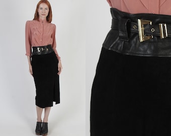 Lillie Rubin Black Leather Pencil Skirt Erez Skinny Punk Style Vintage 90s Suede With Gold Belt Buckle