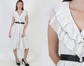 Parisian Picnic Dress / Thin White Tiny Polka Dot Dress / Deep V Ruffle Wrap Dress / Knee Length Full Skirt / Simple Bohemian Prairie Mini