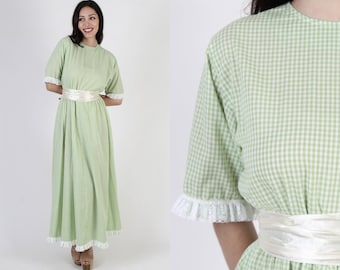 Green White Gingham Americana Dress / Plaid Bell Sleeve Work Maxi / Vintage 70s Country Picnic Outfit / Checker Print Tiered Folk Skirt