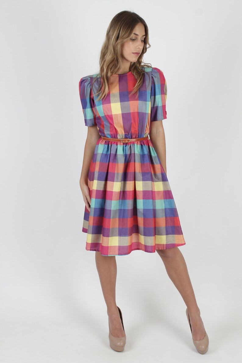 80s Rainbow Plaid Dress / Vintage 1980s Bright Color