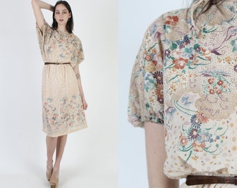 Vintage 80s Sheer Tan Floral Dress / Thin See Through Bouquet Flowers / 1980s Airy Tie Neck Mini Midi