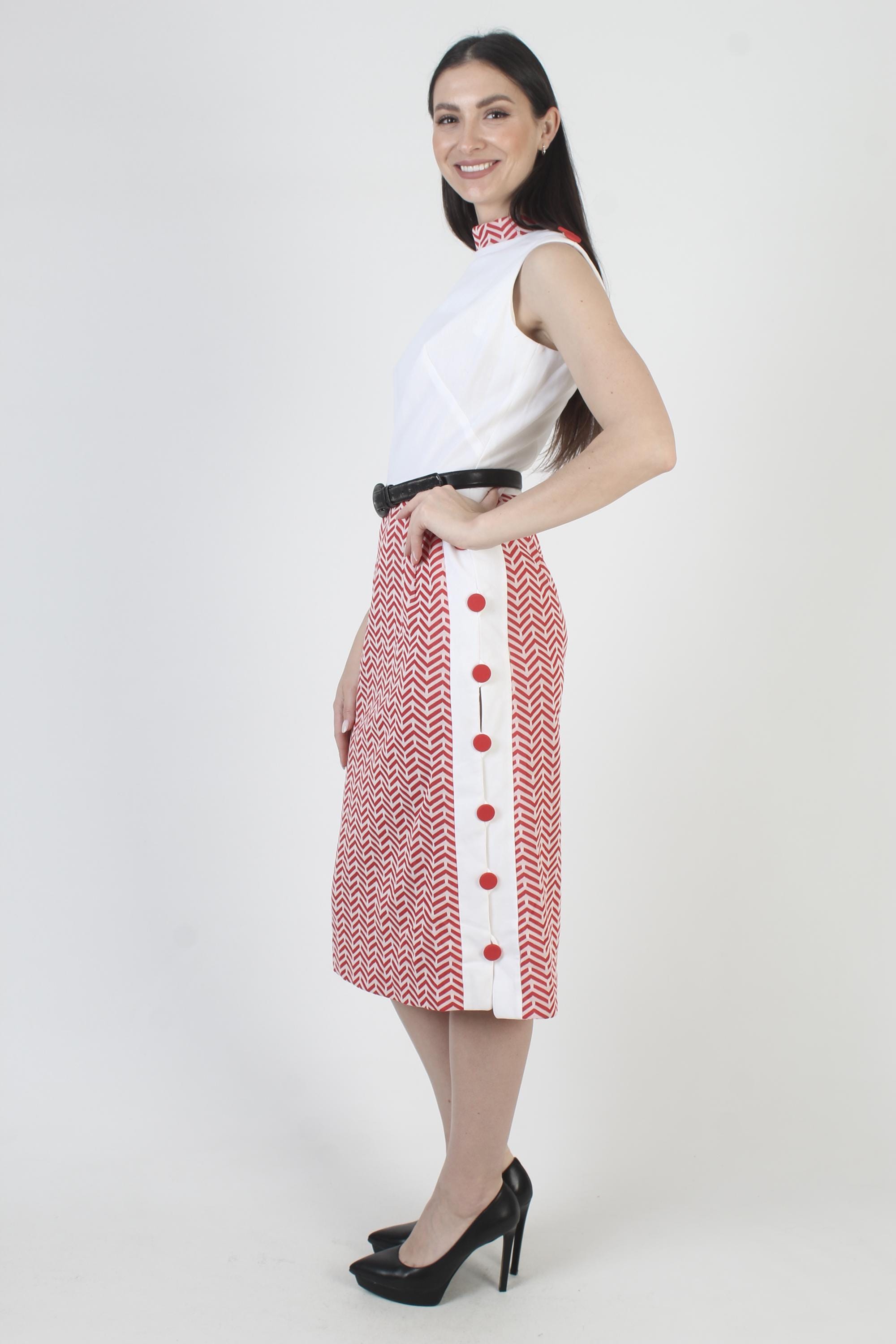 Red And White Dress, Stretchy Jersey Midi, Formfitting Pencil Skirt, Sleeveless Secretary Sundress