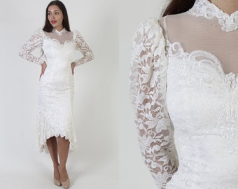 80s White Floral Lace Bridal Dress /Vintage Hi Lo Mermaid Hem Deco Outfit / Retro Victorian Style Wedding Wiggle Gown