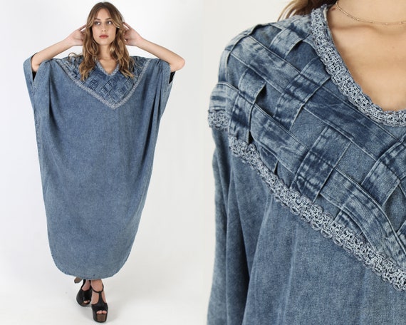 Oversized Denim Caftan Dress / Acid Wash Jean Dres