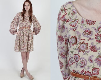 Vintage 70s Renaissance Floral Dress Scoop Neck Puff Sleeve Festival Prairie Mini Dress