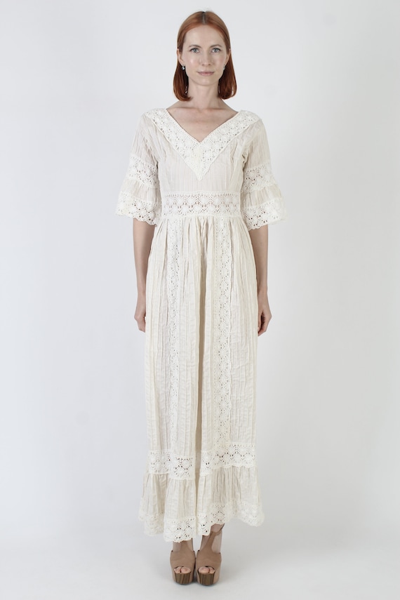 Off White Mexican Pintuck Bell Sleeve Wedding Dre… - image 3