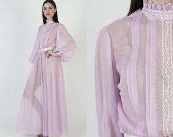 Vestido morado con mangas de poeta, vestido vintage transparente, maxi vestido victoriano bordado