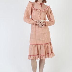 Orange & White Gingham Americana Dress, Plaid Ruffle Sleeve Chore Outfit, Vintage 70s Country Picnic Folk Tiered Sundress image 2