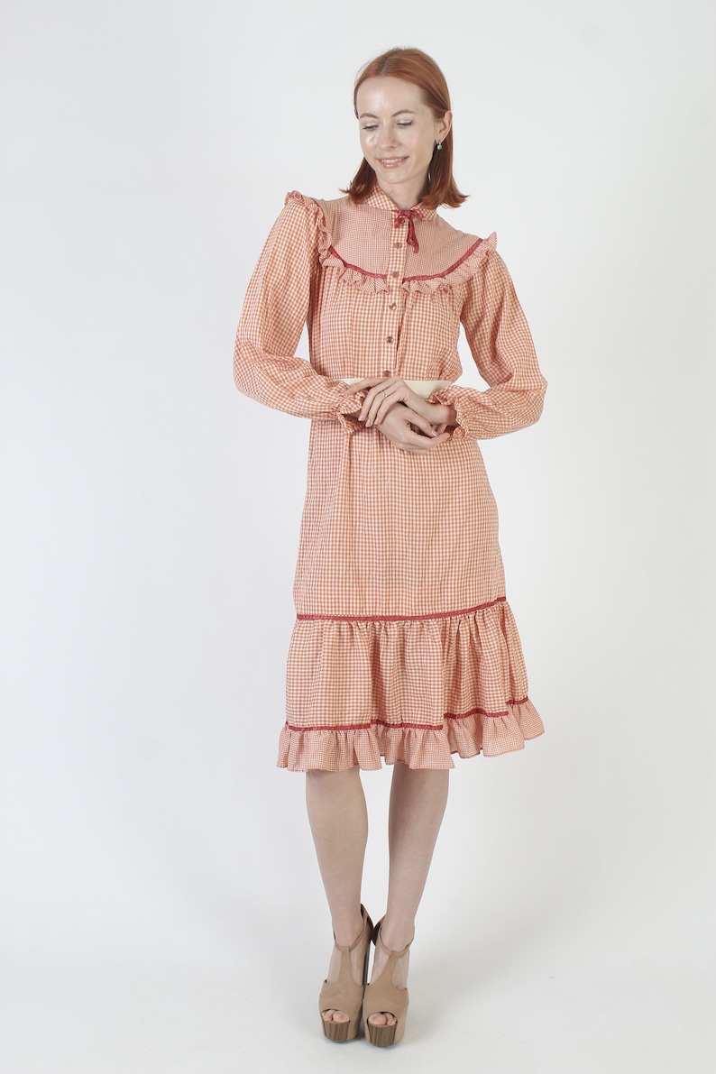 Orange & White Gingham Americana Dress, Plaid Ruffle Sleeve Chore Outfit, Vintage 70s Country Picnic Folk Tiered Sundress image 2