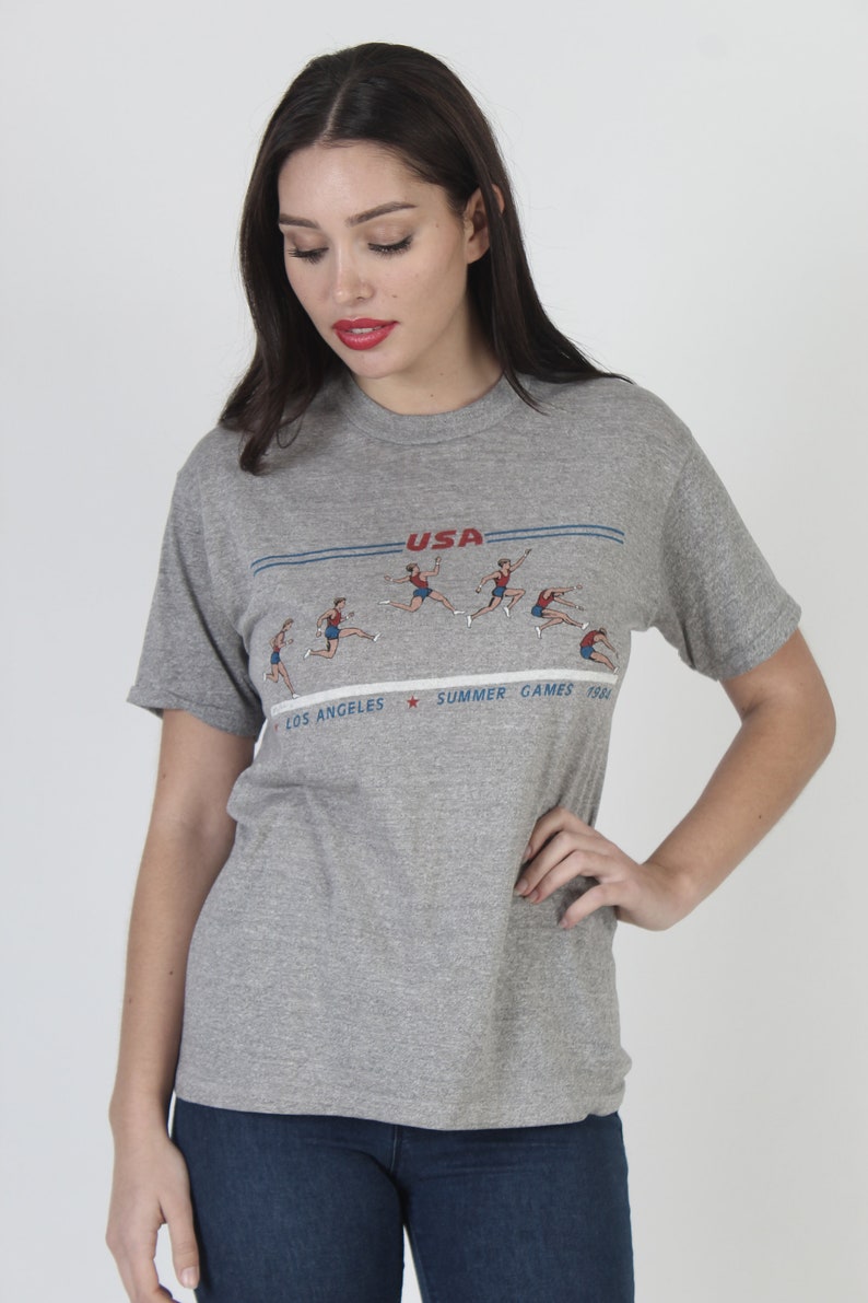 1984 Heather Grey USA Olympic Games T Shirt, Soft And Thin Single Stitch Tee, 80s Vintage Summer Games L image 2