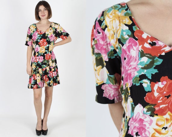 black dress with bright flowers