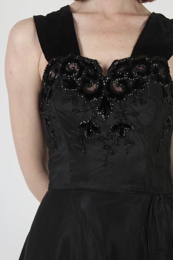 40s Black Floral Beaded Dress, Large Full Circle … - image 7