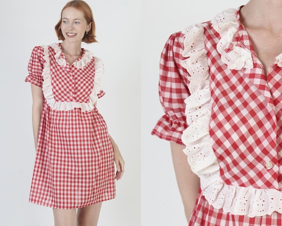 70s Red Gingham Dress Americana, Summer Picnic Dancing