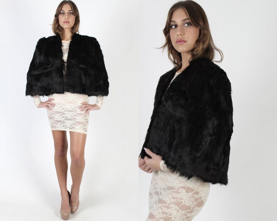 Black Real Fur Cape / Vintage 40s Silky Gothic Cro