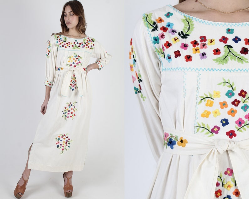 Embroidered Mexican Maxi Dress With Matching Belt Bright Floral Hand Embroidery Vintage 70s Ivory Cotton Belted Caftan Long Dress