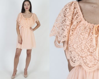 Sheer Lace Capelet Bodice Dress / Vintage 70s Plain Peach Off Shoulder Party Outfit / Simple Solid Color Mini Dress Medium M