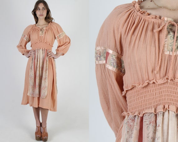 Peach Gauze Dress / 70s Pastel Floral Apron Style