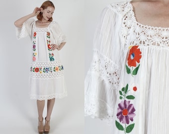 Rainbow Floral Mexican Hand Embroidered Dress Pintuck Cotton Elastic Shoulders Trapeze Angel Bell Sleeve Lounge Sundress