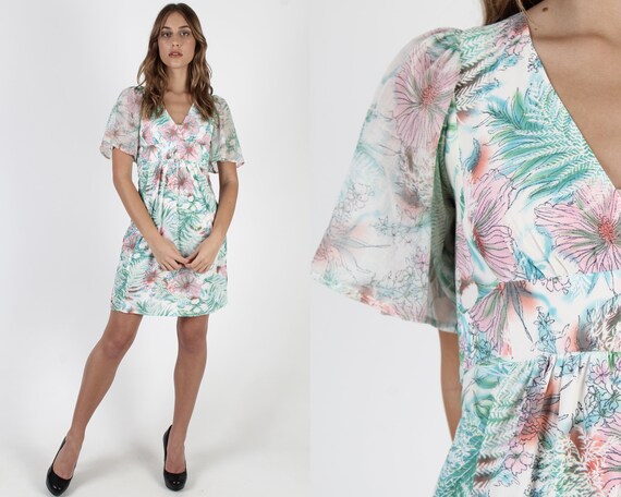 Deep V Neck Wrap Dress / Watercolor Print Pastel F