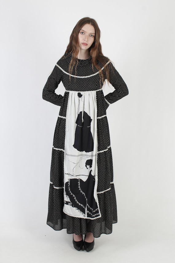 Vintage 70s Gunne Sax Dress Aubrey Beardsley Deco Apron Black