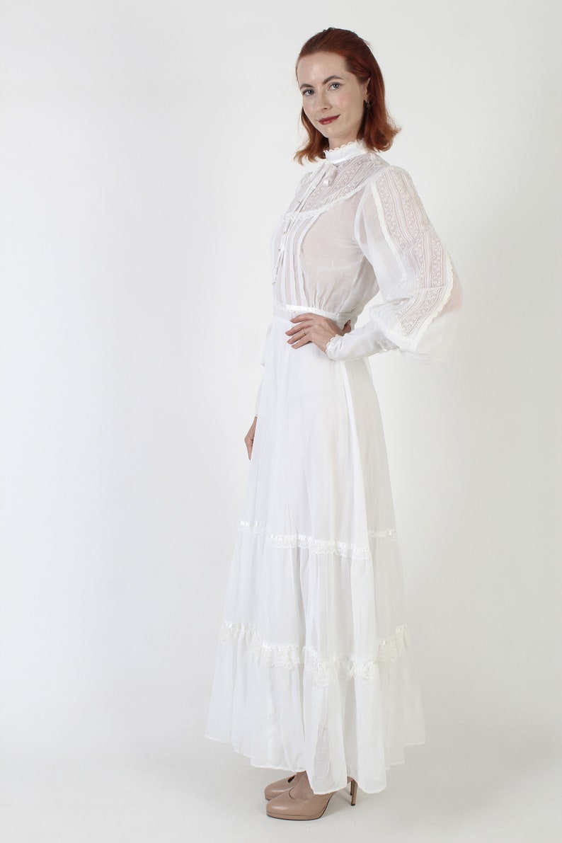 Gunne Sax Victorian Inspired Bridal Dress / Jessica McClintock All White High Neck Maxi / Vintage Old Fashioned Cottagecore Gown image 4