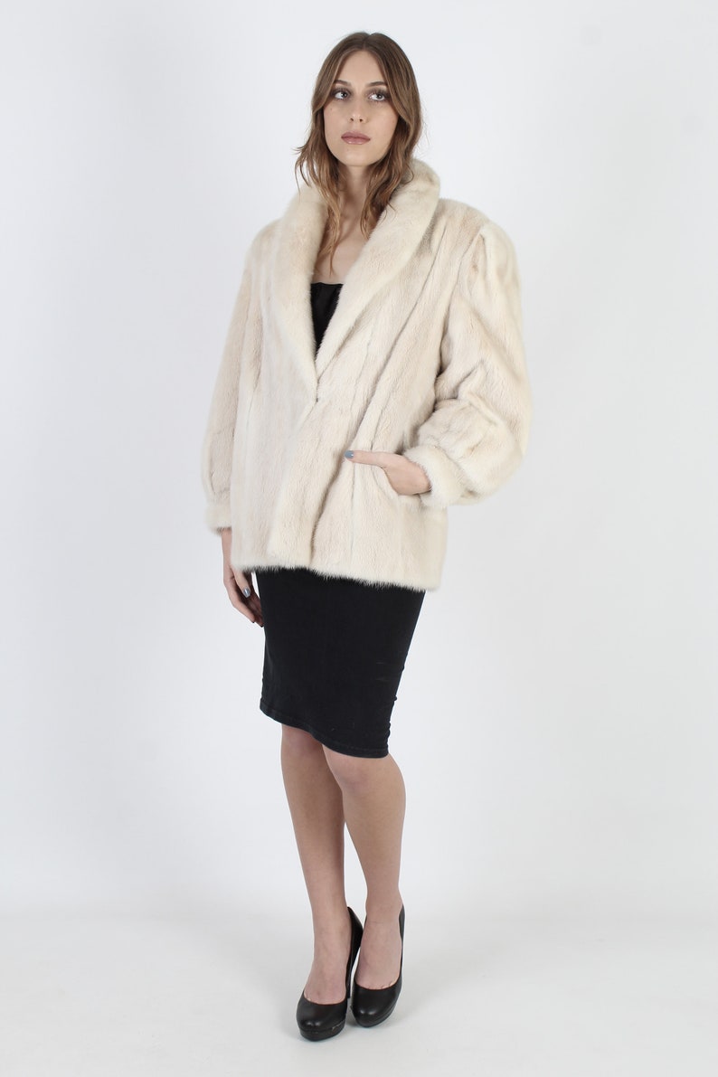 Womens Real Blush Blonde Mink Coat Vintage 80s Blonde Mink Fur Coat 1980s Fur Shawl Collar Real Genuine Plush Puff Sleeve Waist Coat