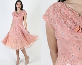 Solid Salmon Color 1950s Illusion Dress, Vintage Sheer Lace Floral Evening MCM Gown, Side Zipper Rockabilly Cupcake Midi Dress