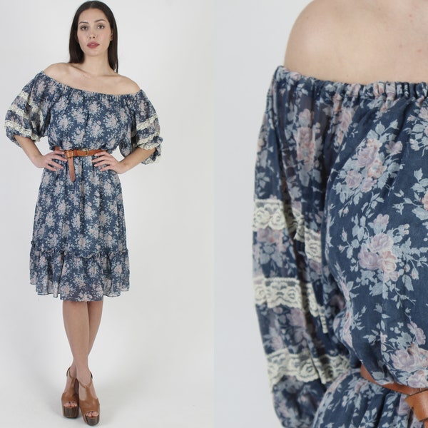 1970s Rustic Country Off The Shoulder Dress, Navy Color Prairie Western Style, Vintage Floral Bouquet Print Mini Forck