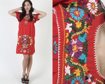 Red Mexican Mini Dress / Vintage Authentic Dress From Mexico / Puff Sleeve Colorful Floral Embroidered Dress