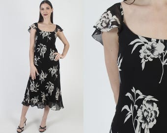 Y2K Ralph Lauren Floral Sundress, Vintage 00s Sheer Sundress, Lightweight Black Fabric