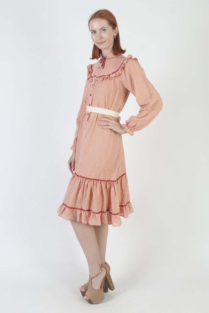 Orange & White Gingham Americana Dress, Plaid Ruffle Sleeve Chore Outfit, Vintage 70s Country Picnic Folk Tiered Sundress image 4