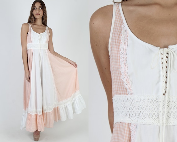 Vintage 70s Peach Gingham Dress / Gunne Sax White