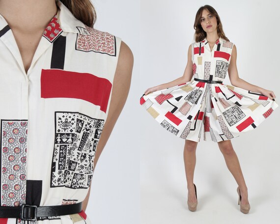 Patchwork Print Americana Playsuit / 1950s Wide Le