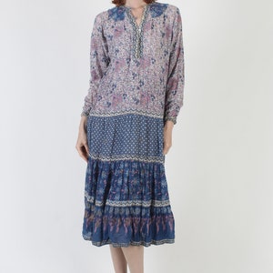 Authentic Kaiser Brand India Guaze Dress / Thin Purple Floral Block Print Cotton / Ethnic Sheer Summer Midi Size S image 2